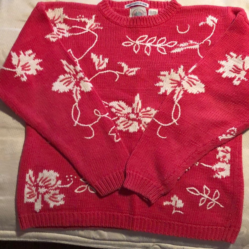 Hand Embroidered Pink Crew Neck Sweater